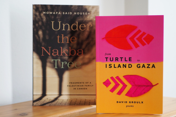Photograph of two books, From Turtle Island to Gaza and Under the Nakba Tree